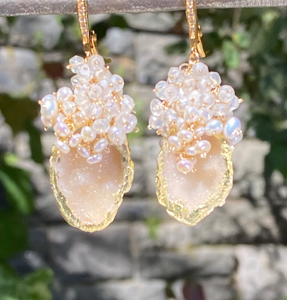 Ivory Beige Tabasco Geode Pearl Cluster 24 kt Gold Leaf Earrings