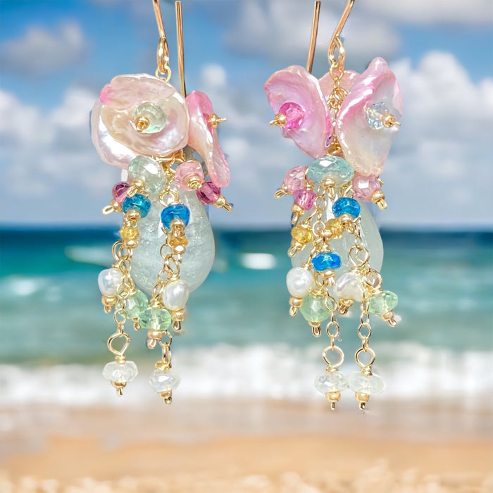 Blue Aquamarine Dangle Earrings with Multicolor Gemstones