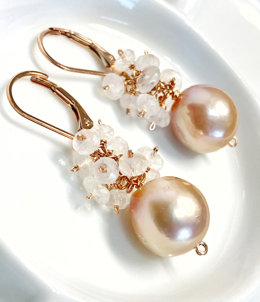 Pink Blush Pearl and Moonstone Cluster Earrings Rose Gold