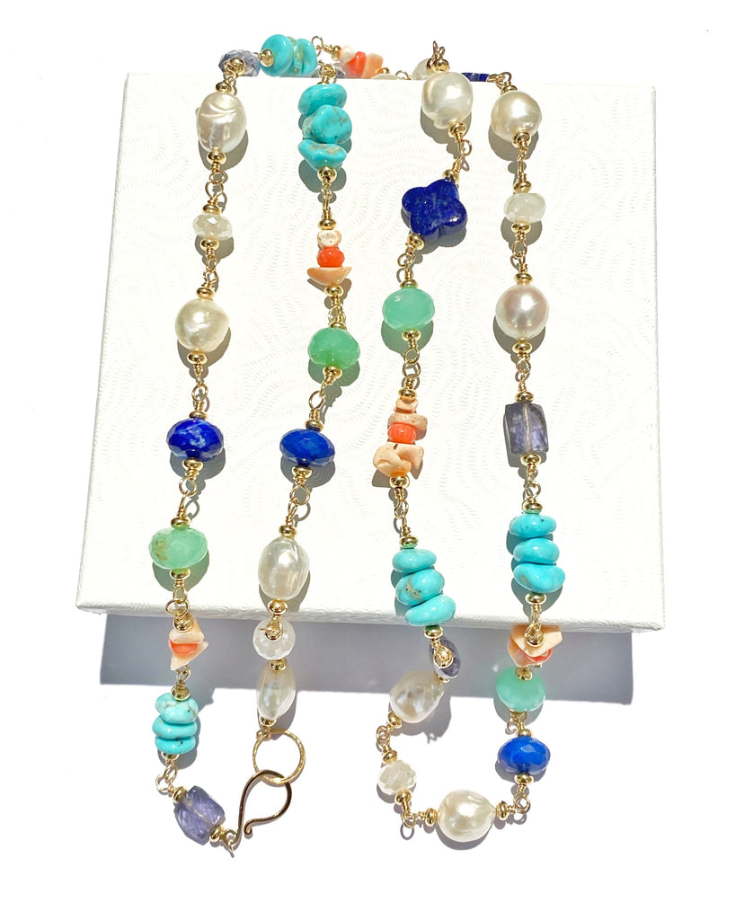 Multi Gemstone Pearl Long Gold Necklace Coral Lapis Chrysoprase