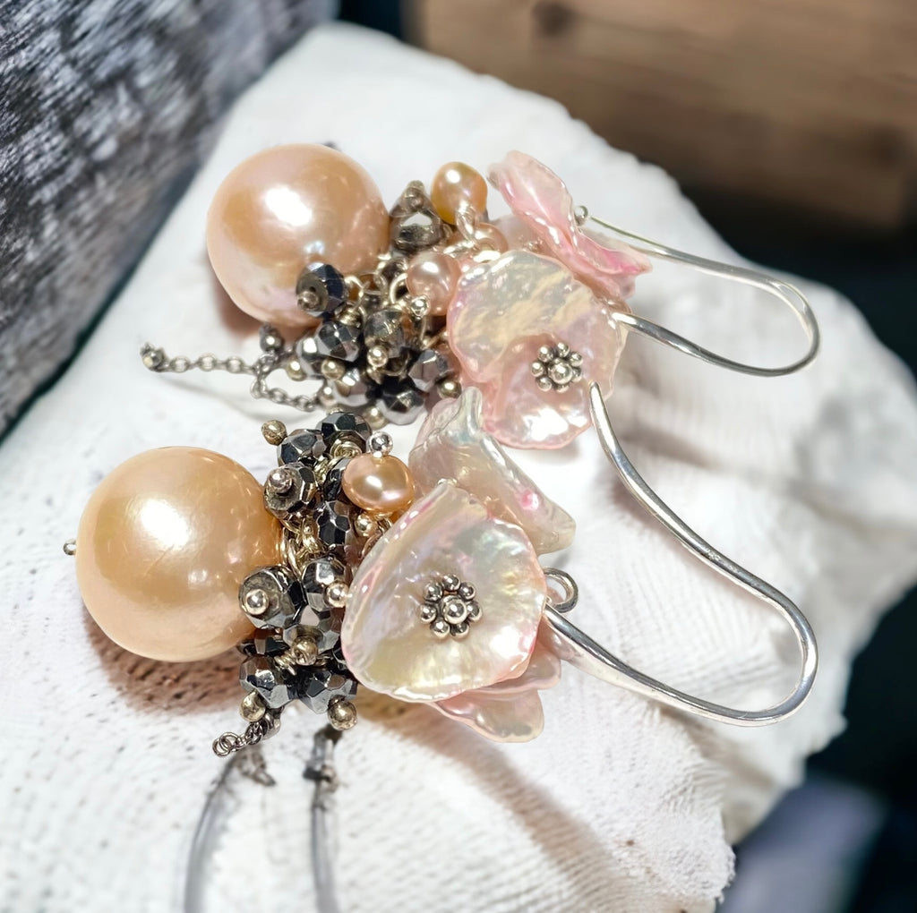 Pink Edison Pearl Cluster Earrings Blush Pink Keishi and Black Pyrite, French Style