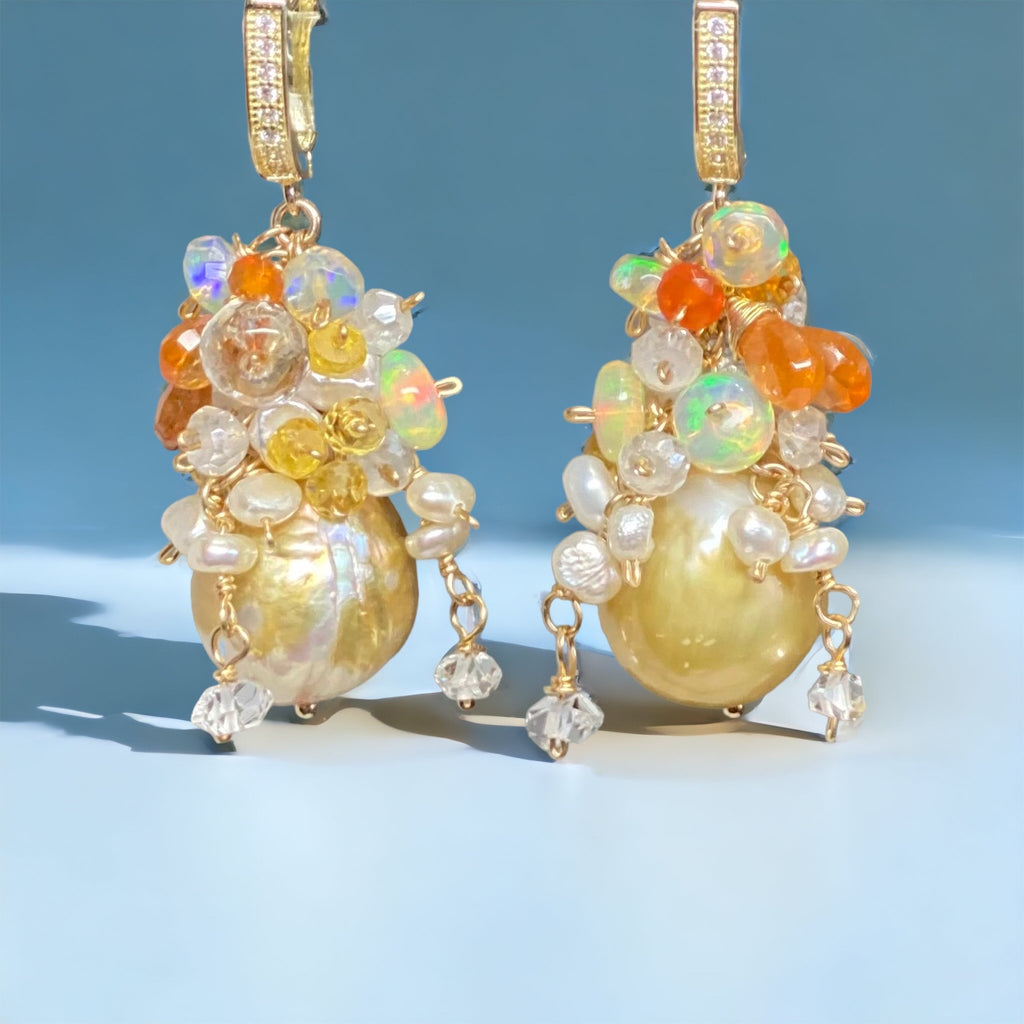 Pond-slime Baroque Pearl and Gemstone Cluster Earring