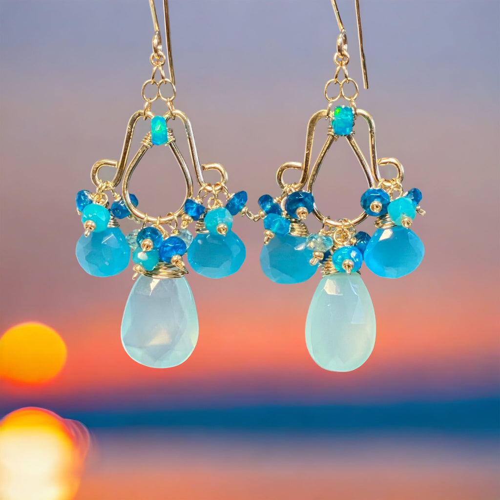 Aqua Blue Gemstone Chandelier Earrings Statement Gold Fill