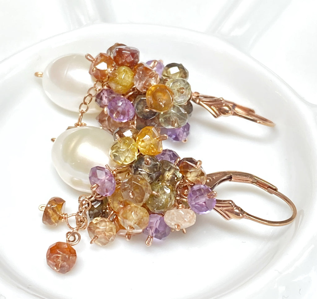 multi gemstone cluster and pearl earrings