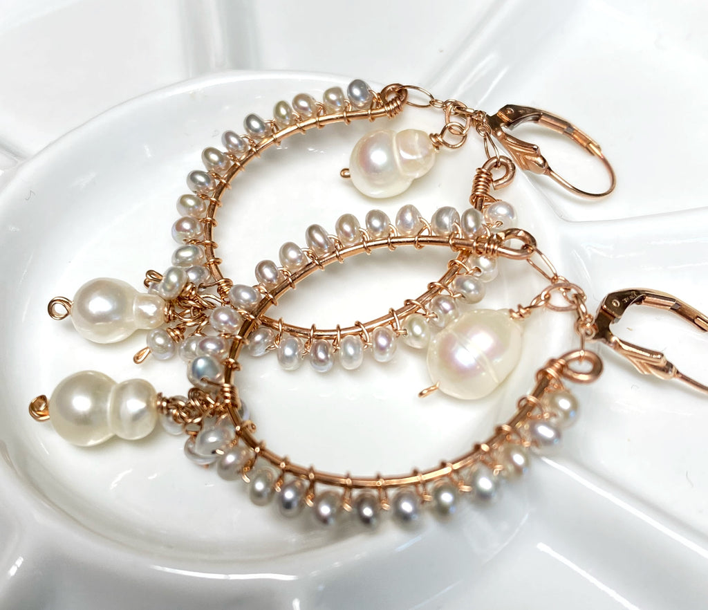 Statement Rose Gold Hoop Earrings with Baroque Pearl Drops