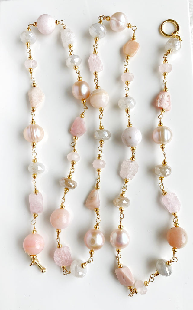 Pink Blush Gemstone and Pearl Long Necklace Gold Fill Wire Wrap