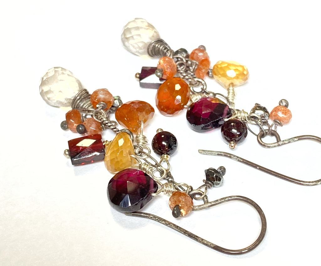 Multicolor Garnet Dangle Earrings Oxidized Silver