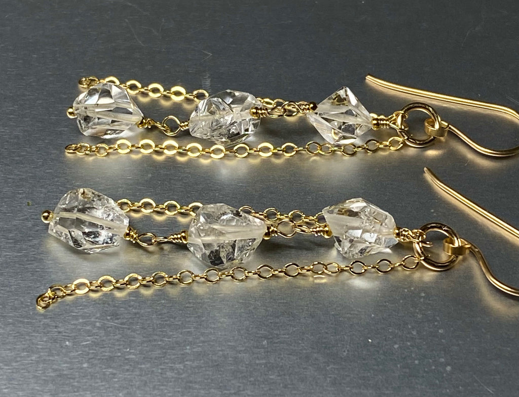 Herkimer Diamond Crystal Quartz Long Gold Fill Dangle Earrings