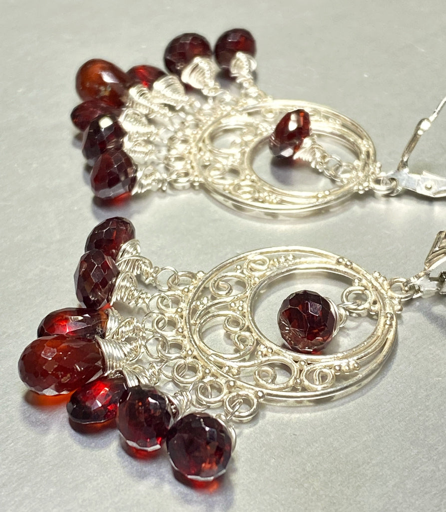 Garnet Chandelier Earrings Sterling Silver Garnet Hoops