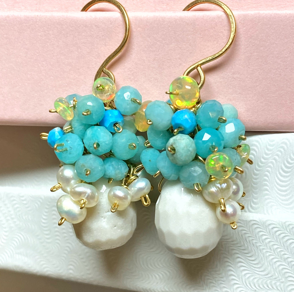 Opal Amazonite Cluster Earrings Dangle Earrings White Earrings - doolittlejewelry