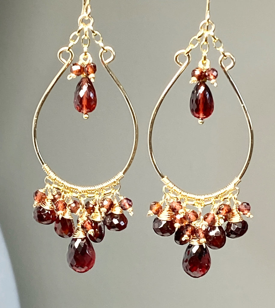 Red Garnet Gold Statement Chandelier Hoop Earrings