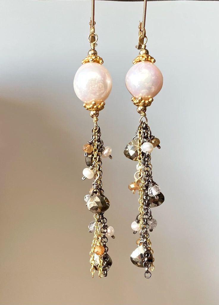 Edison Pearl Mixed Metal Long Dangle Earrings