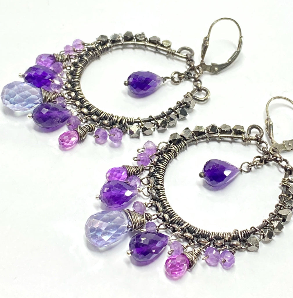 Handcrafted oxidized sterling silver hoop chandelier earrings with blue violet purple gemstones