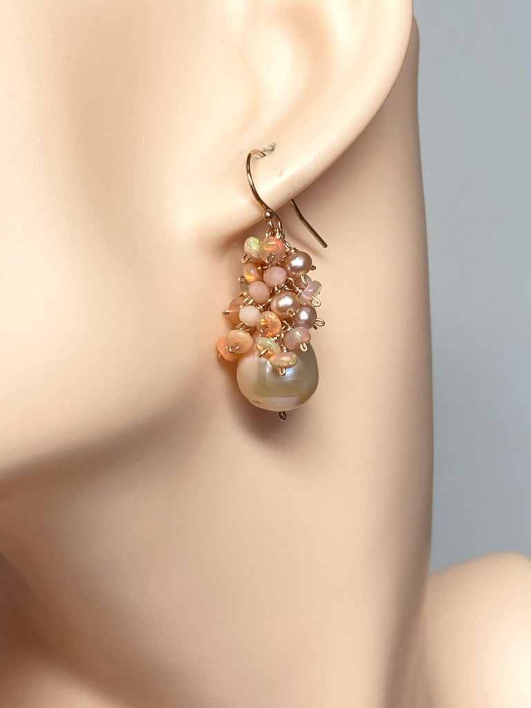 Blush Pink Baroque Pearl Opal Cluster Rose Gold Earrings