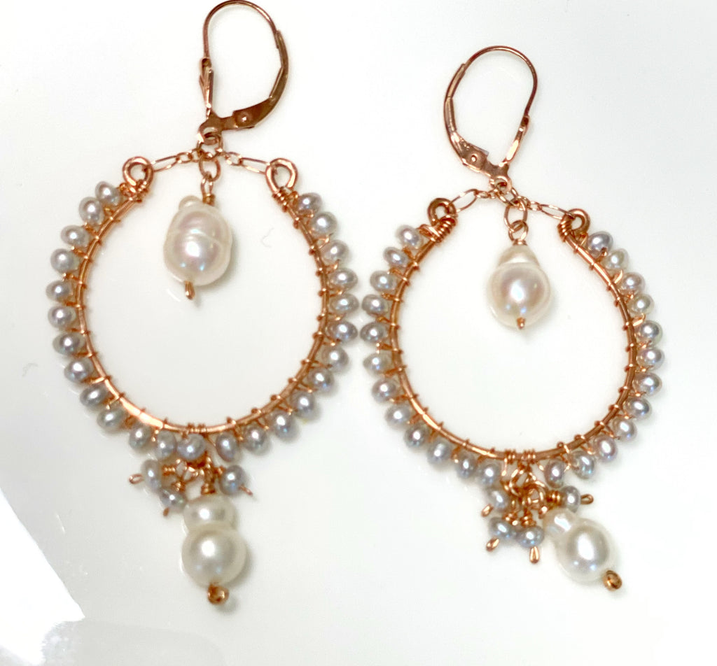 Statement Rose Gold Hoop Earrings with Baroque Pearl Drops