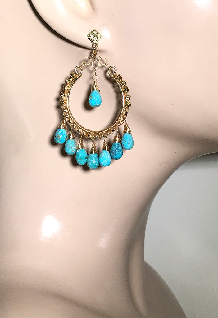 Turquoise Gold Hoop Chandelier Earrings - doolittlejewelry