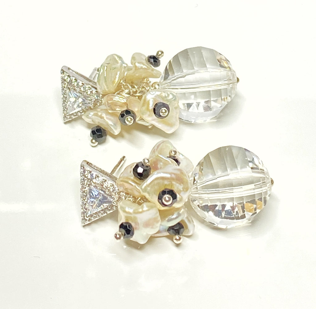 Crystal Quartz, Black Spinel, Keishi Pearl Cluster Earrings Sterling Silver - doolittlejewelry