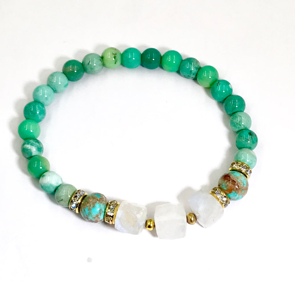Turquoise Stretch Stacking Bracelet Set of 3 Gold Pave CZ - doolittlejewelry