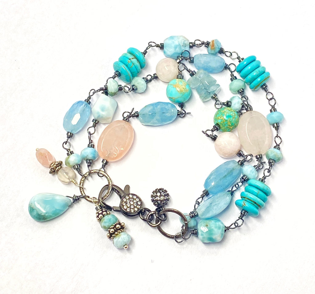 Oxidized Silver Wire Wrap Multistrand Bracelet Larimar Aquamarine - Doolittle