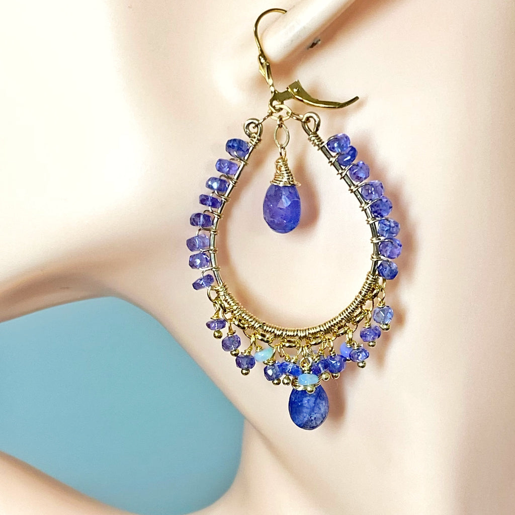 Tanzanite and Opal Hoop Earrings in Gold Fill