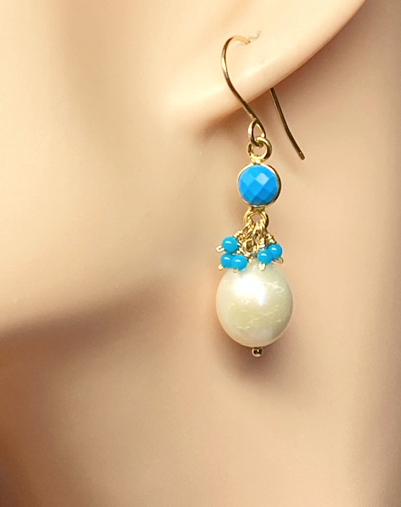 Pearl, Turquoise Gemstone Cluster and Dangle Earrings