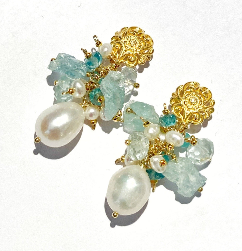 aquamarine gemtone pearl cluster earrings gold post
