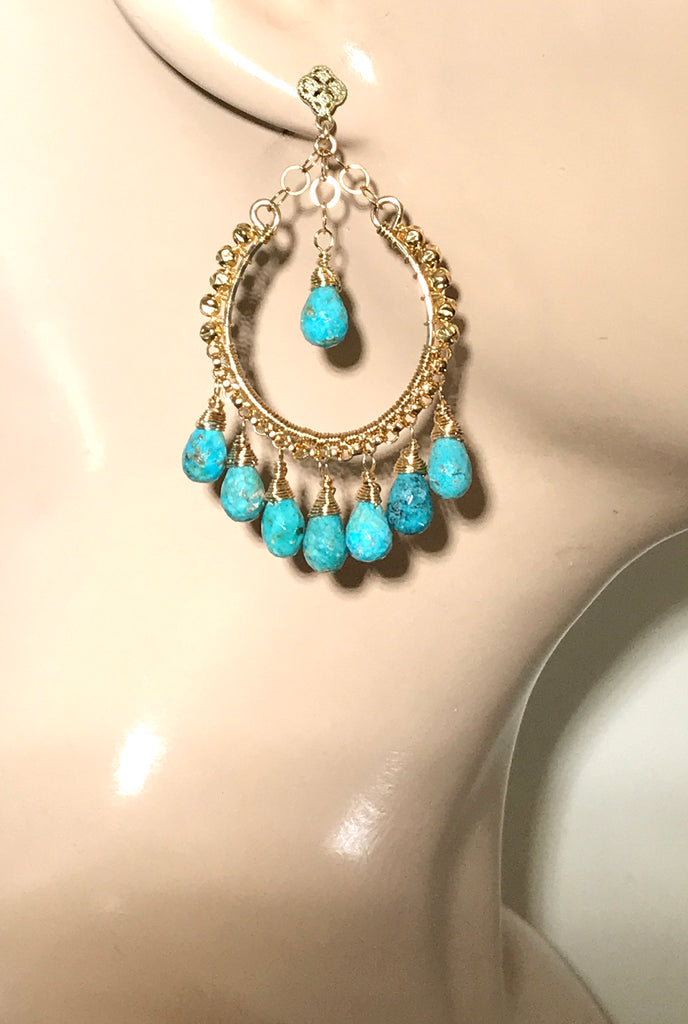 Turquoise Gold Hoop Chandelier Earrings - doolittlejewelry