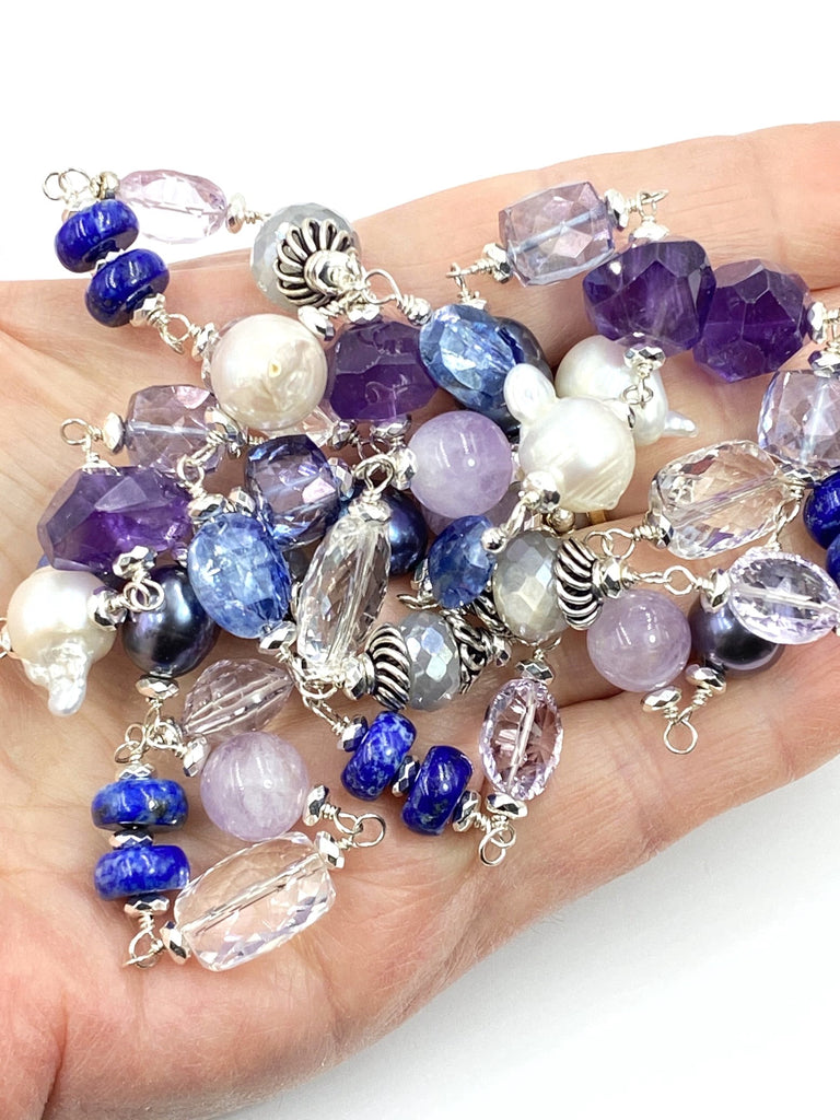 Long Blue Violet Necklace Amethyst Kyanite Pearl Crystal Quartz Sterling Silver