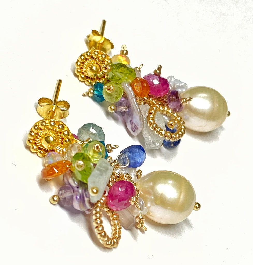 Pearl and Multi Gemstone Cluster Earrings