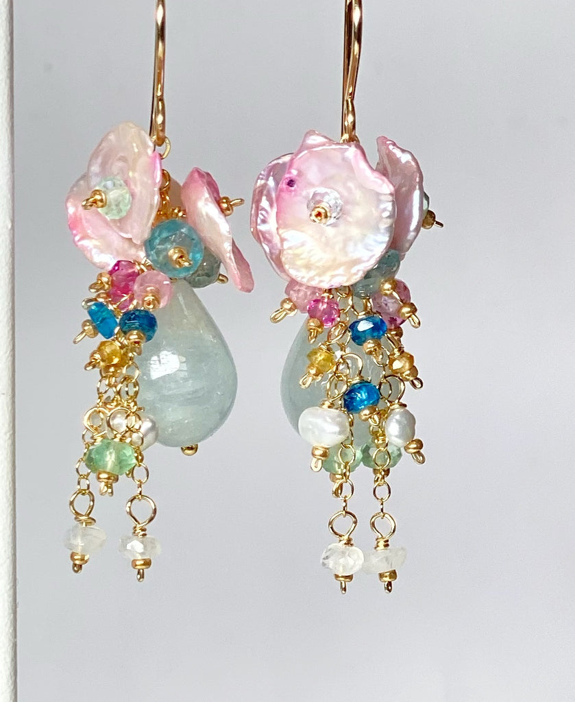 Blue Aquamarine Dangle Earrings with Multicolor Gemstones