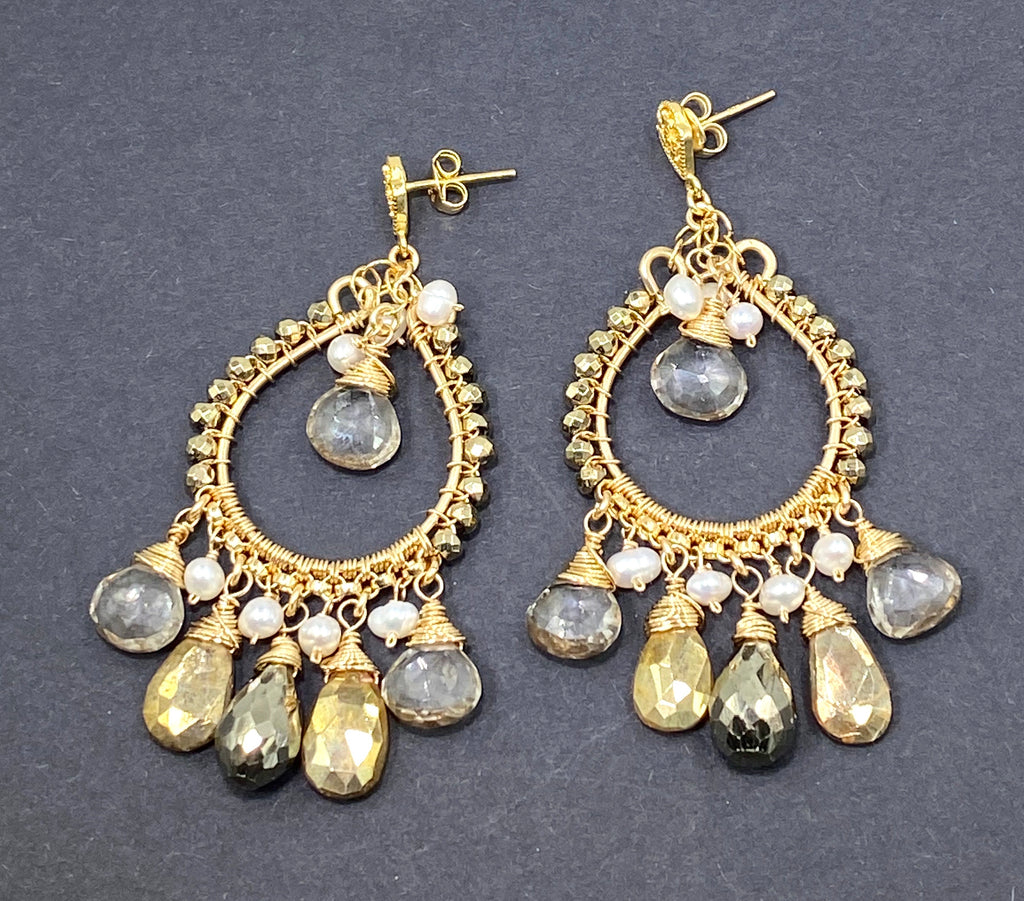 Gold Hoop Earrings with Pyrite, Gold Labradorite, Smokey Quartz Post Style - doolittlejewelry