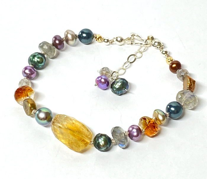 Citrine, Gemstone and Pearl Silk Knotted Bracelet, Adjustable