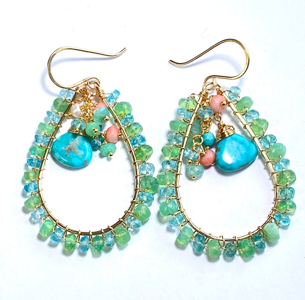 Turquoise, Apatite, Green Ethiopian Opal Hoop Earrings Gold Fill - doolittlejewelry