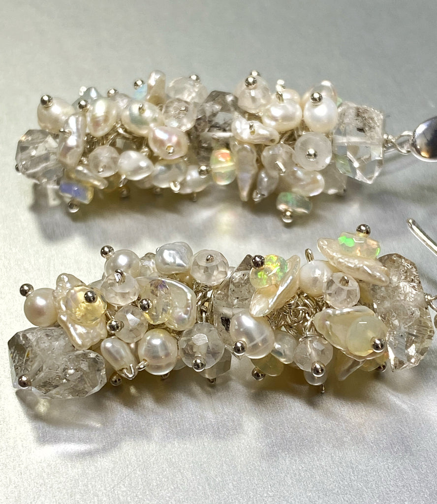 Herkimer Diamond Welo Ethiopian Opal Cluster Earrings Sterling Silver