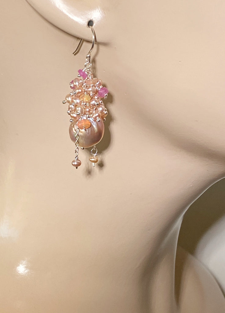 Pink Blush Baroque Pearls Opal, Sapphire Pearl Cluster Earrings