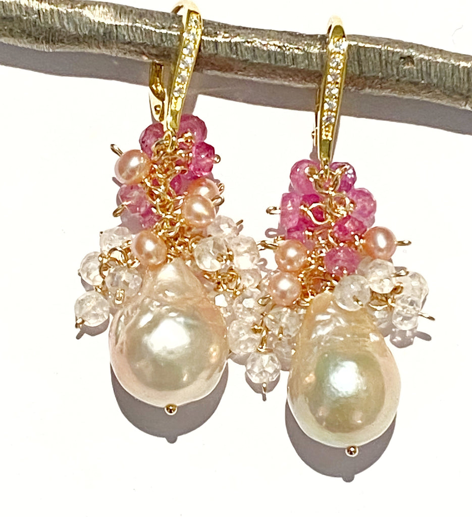 Blush Baroque Pearl Earring Pink Sapphire Gem Cascade Wedding Earrings