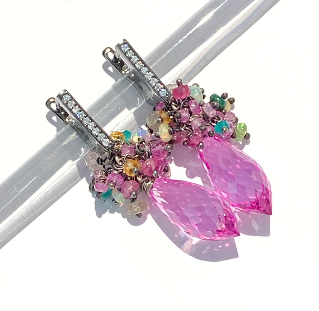 Pink Topaz and Opal Sapphire Cluster Earrings in Oxidized Silver - doolittlejewelry