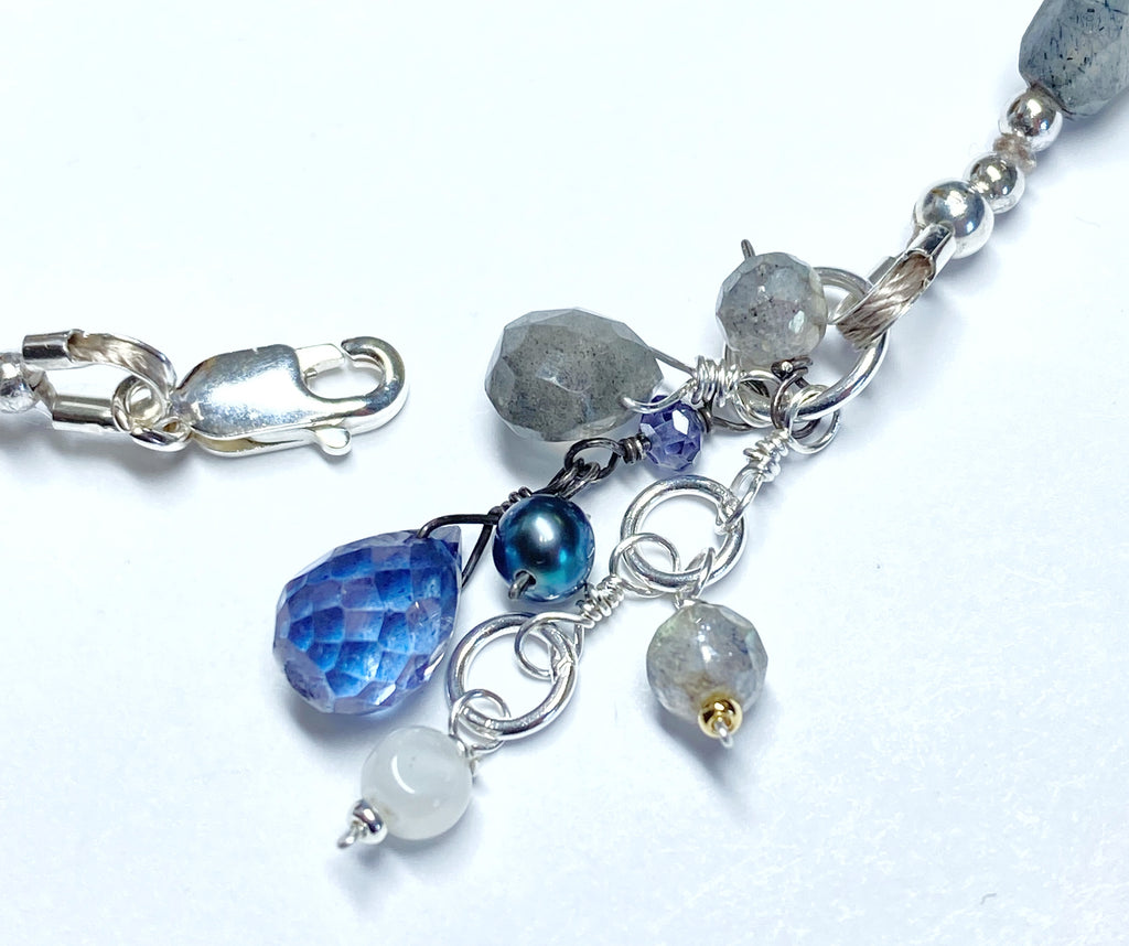 Blue Gray Gemstone Silk Knotted Bracelet Sterling Silver 2