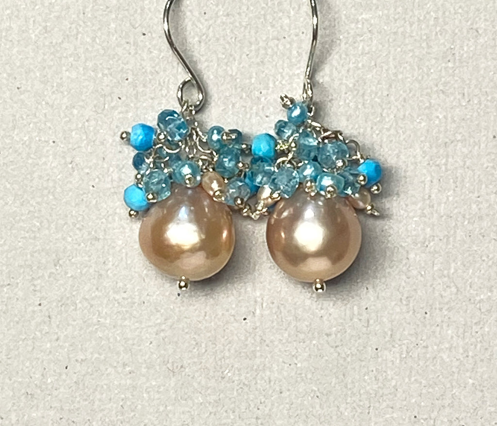 Pink Pearl Earrings with Turquoise Clusters