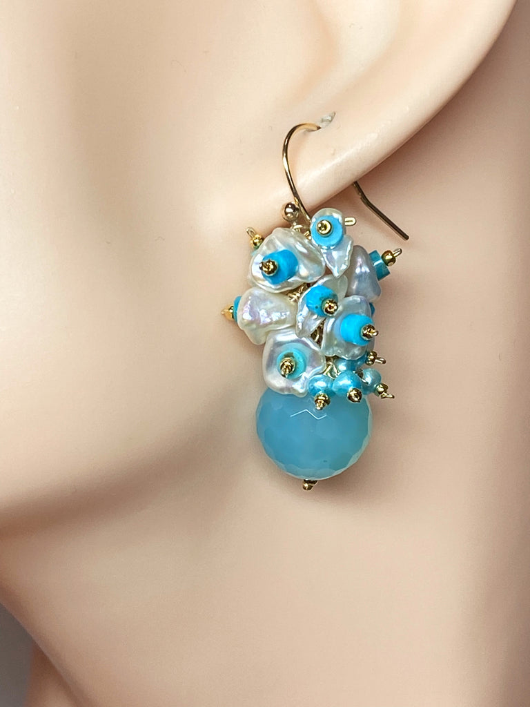 Blue, Turquoise and Keishi Pearl Cluster Earrings - Doolittle