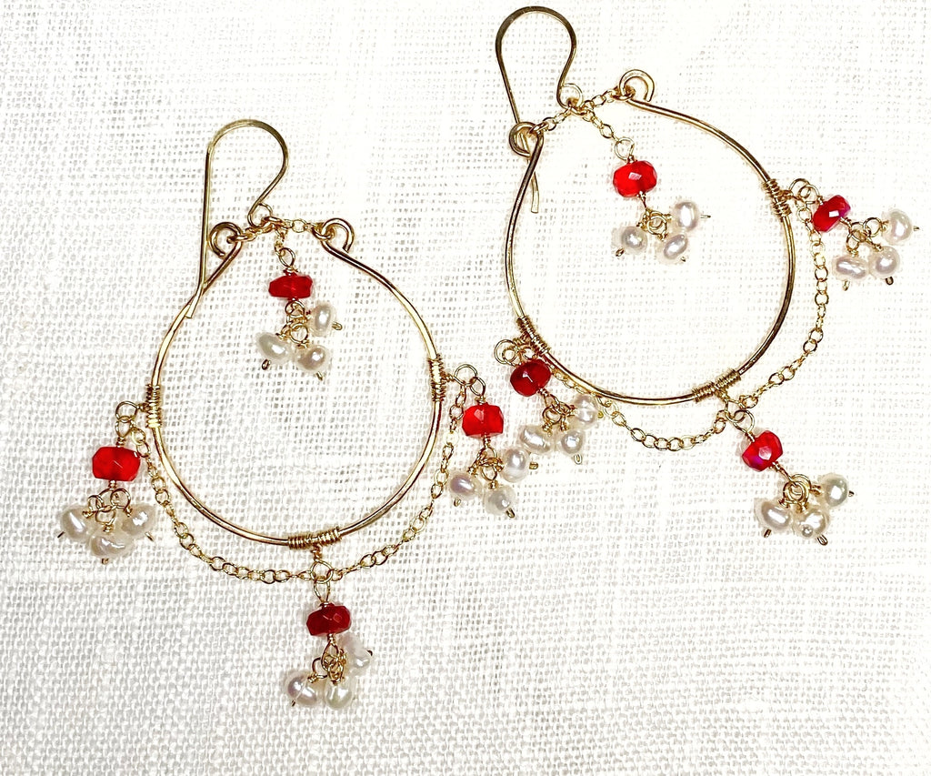 Ruby Red Opal Pearl Gold Fill Hoop Earrings