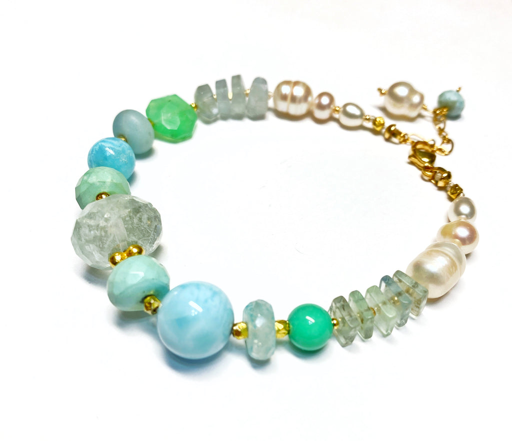 Sleeping Beauty turquoise, aquamarine silk knot bracelet with pearls