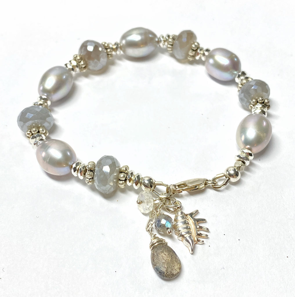 Grey Mystic Moonstone and Silver Gray Pearl Bracelet Sterling Silver