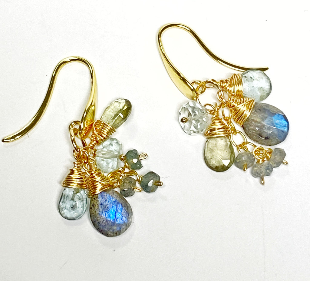 Moss Aquamarine and Labradorite Dangle Earrings Gold