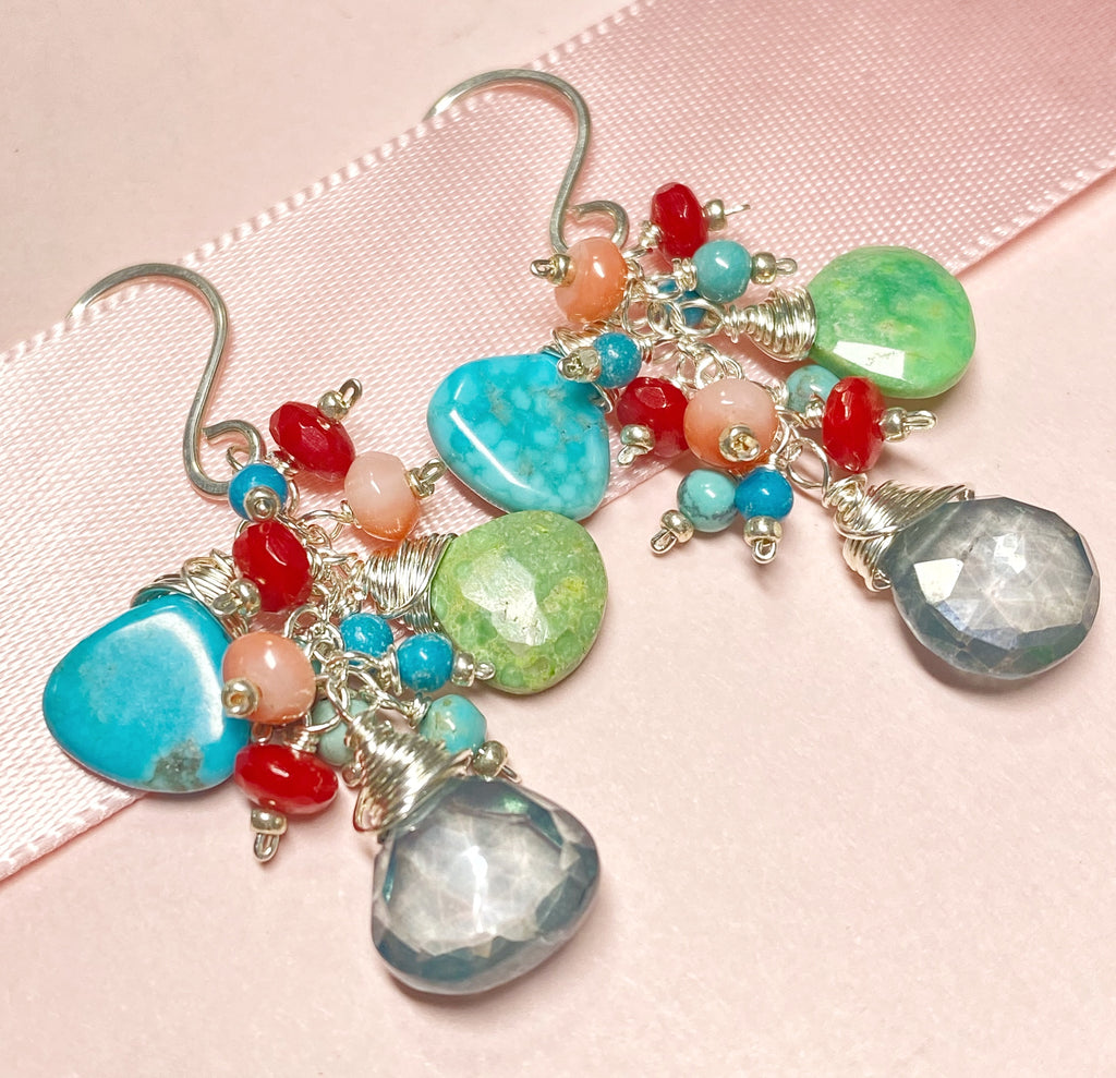 blue and green turquoise, coral dangle earrings, sterling silver