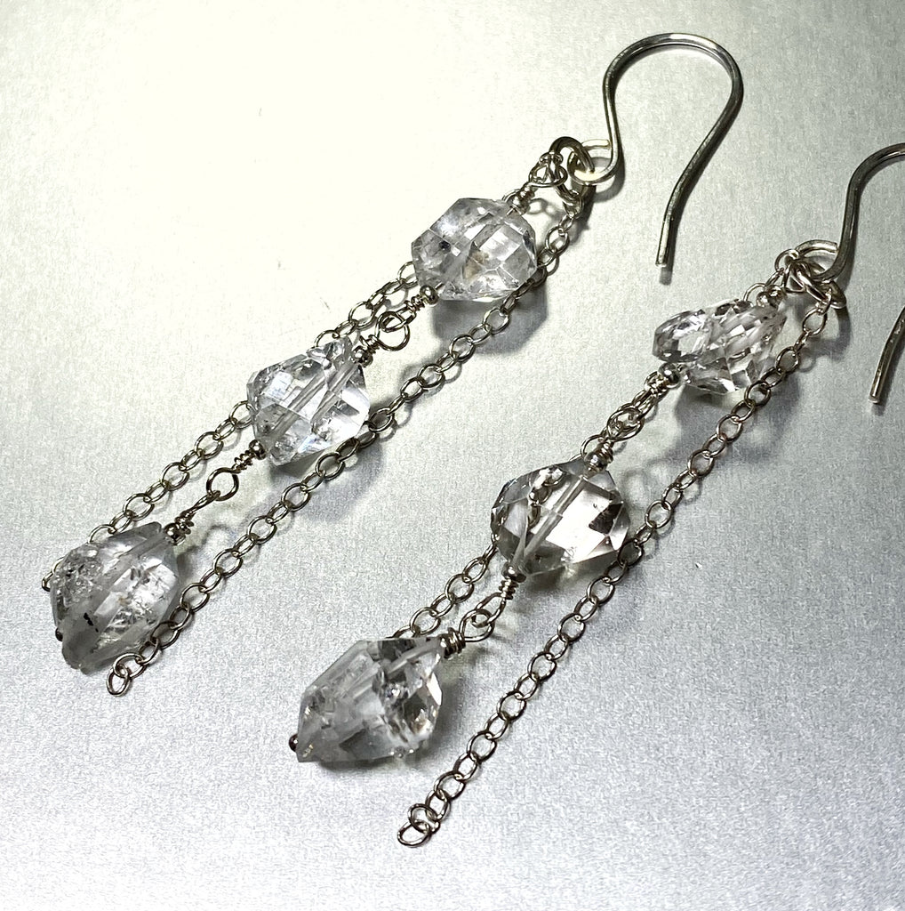 Herkimer Diamond Crystal Long Sterling Silver Dangle Earrings