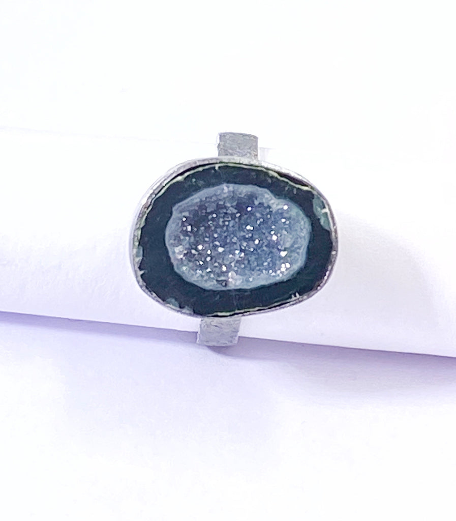 Black Tabasco Geode Pinky Ring Size 3 1/2 Oxidized Sterling Silver