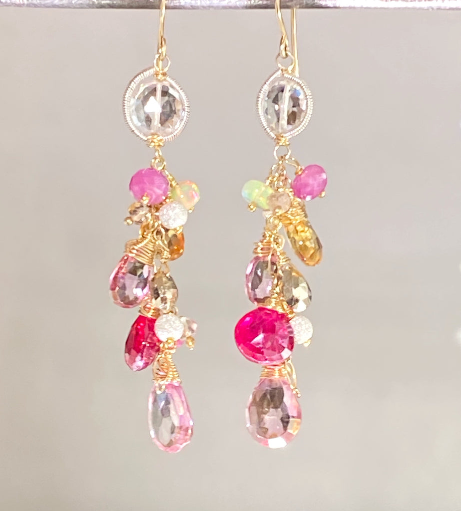 Pink Red Mixed Metal Dangle Earrings Ethiopian Opal