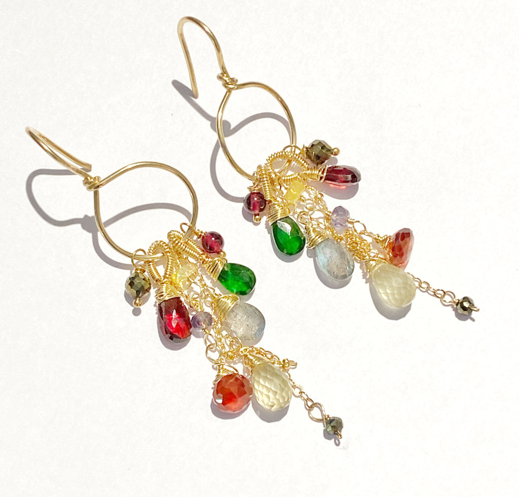 garnet colorful gemstone gold hoop dangle earrings