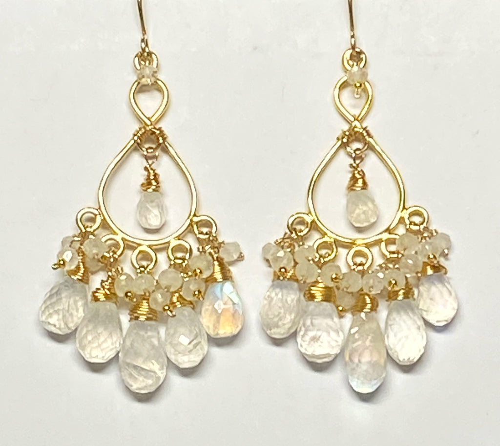 Rainbow Moonstone Gold Chandelier Earrings